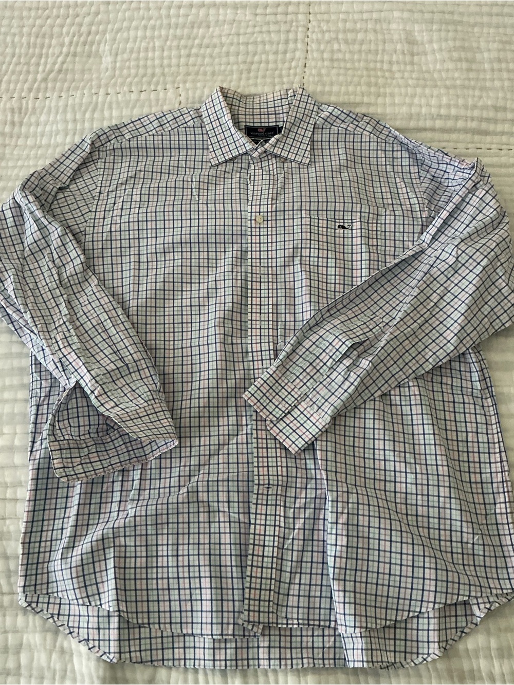 Vineyard Vines White Button-Down Shirt with Blue and Green Windowpane